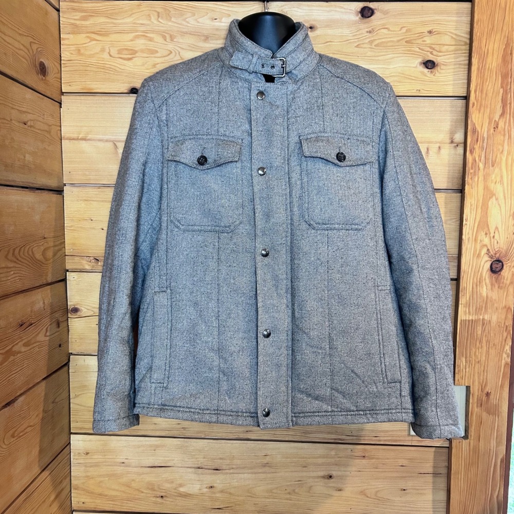Wool Field Moto Coat Mens Large Gray Herringbone Utility Banana Republic